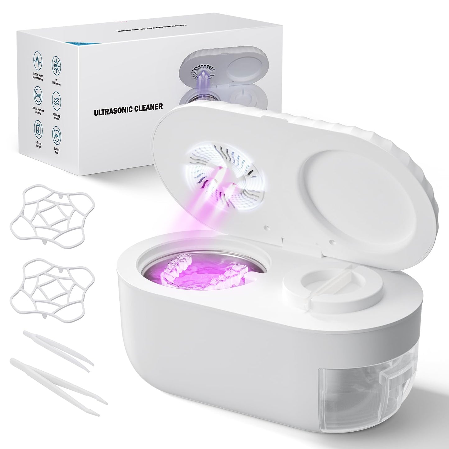Ultrasonic Retainer Cleaner 45kHz, 200ml – Clean, Dry, Auto | White