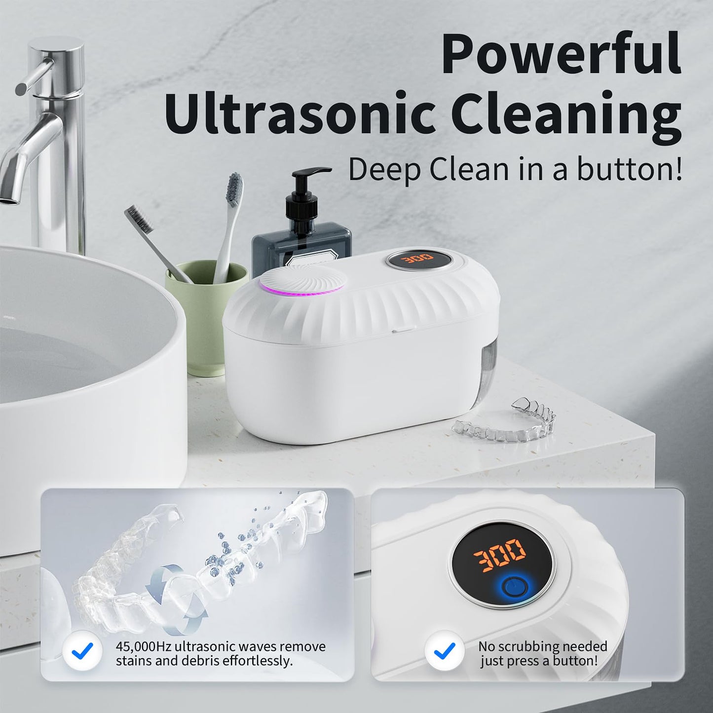 Ultrasonic Retainer Cleaner 45kHz, 200ml – Clean, Dry, Auto | White