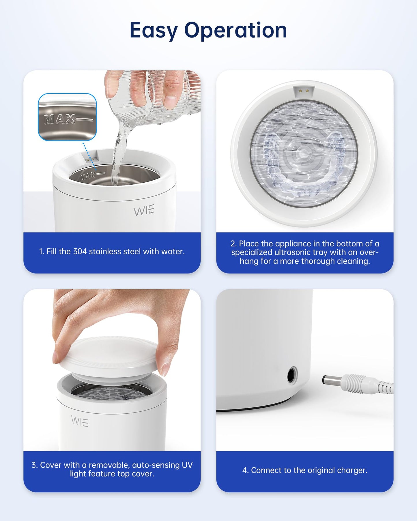 Ultrasonic Retainer Cleaner Machine – 48kHz Cleaner for Dentures, Night Guards, Jewelry, Aligner, Toothbrush Head | 200ML Portable UV Cleaning Pod (White)