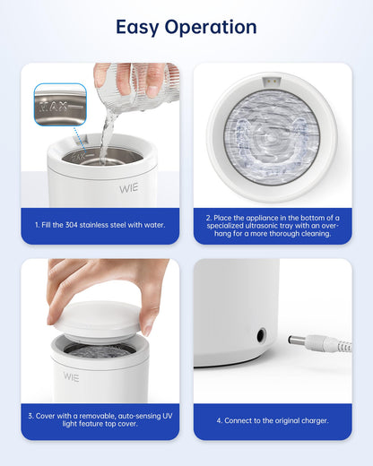 Ultrasonic Retainer Cleaner Machine – 48kHz Cleaner for Dentures, Night Guards, Jewelry, Aligner, Toothbrush Head | 200ML Portable UV Cleaning Pod (White)