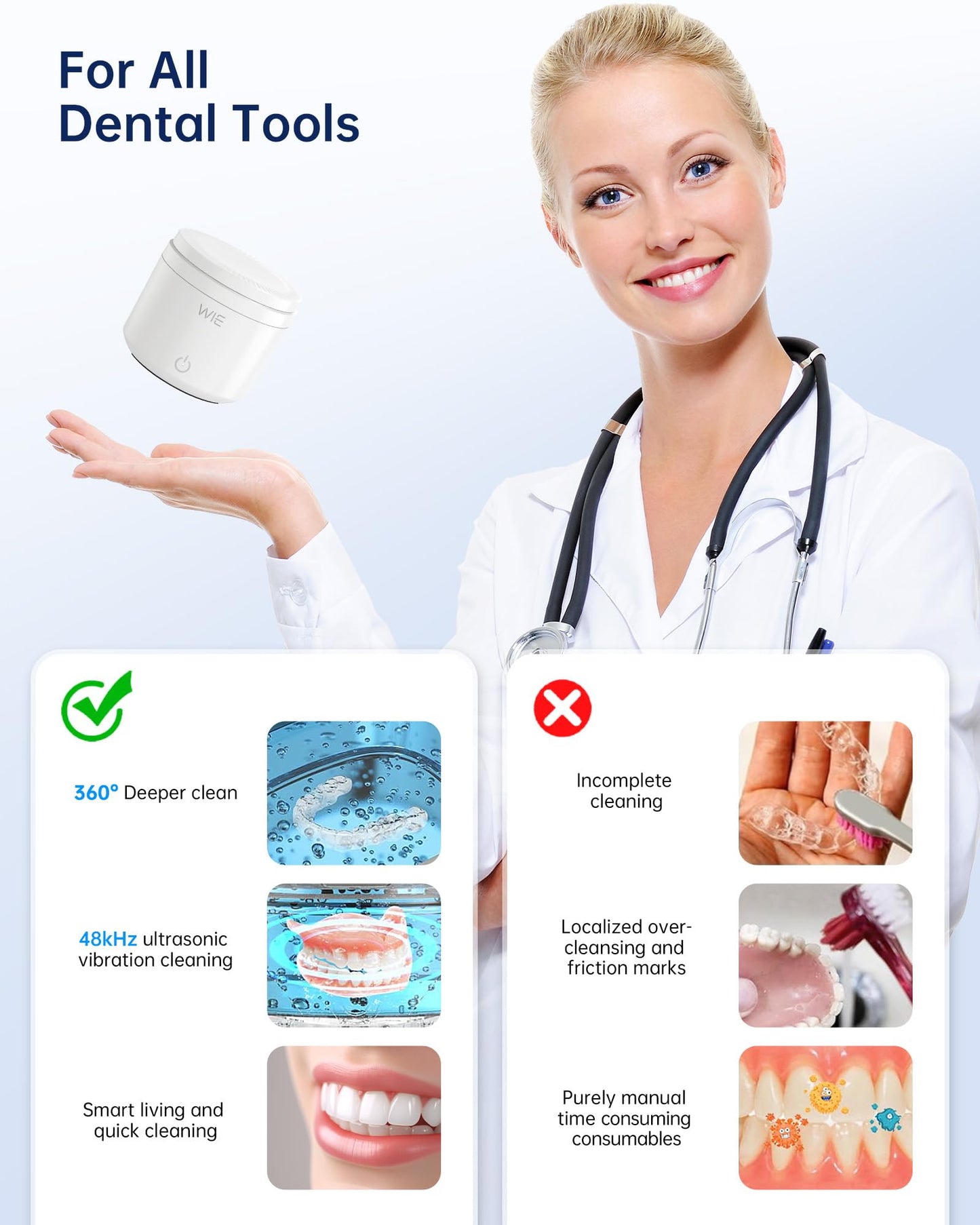 Ultrasonic Retainer Cleaner Machine – 48kHz Cleaner for Dentures, Night Guards, Jewelry, Aligner, Toothbrush Head | 200ML Portable UV Cleaning Pod (White)