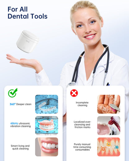 Ultrasonic Retainer Cleaner Machine – 48kHz Cleaner for Dentures, Night Guards, Jewelry, Aligner, Toothbrush Head | 200ML Portable UV Cleaning Pod (White)