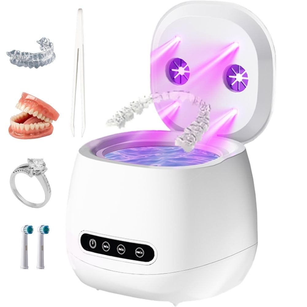 Ultrasonic Retainer Cleaner with UV Sterilizer | 45kHz Dental Cleaning Machine – Portable 200ML W190MAX (White)