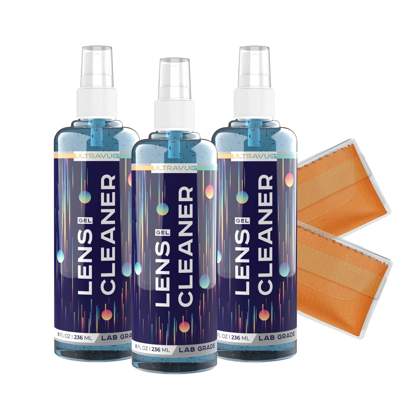 ULTRAVUE Eyeglass Gel Lens Cleaner Spray Kit – 3 x 1oz Gel, 2 Microfiber Cloths, Safe for All Lenses (AR Coated)