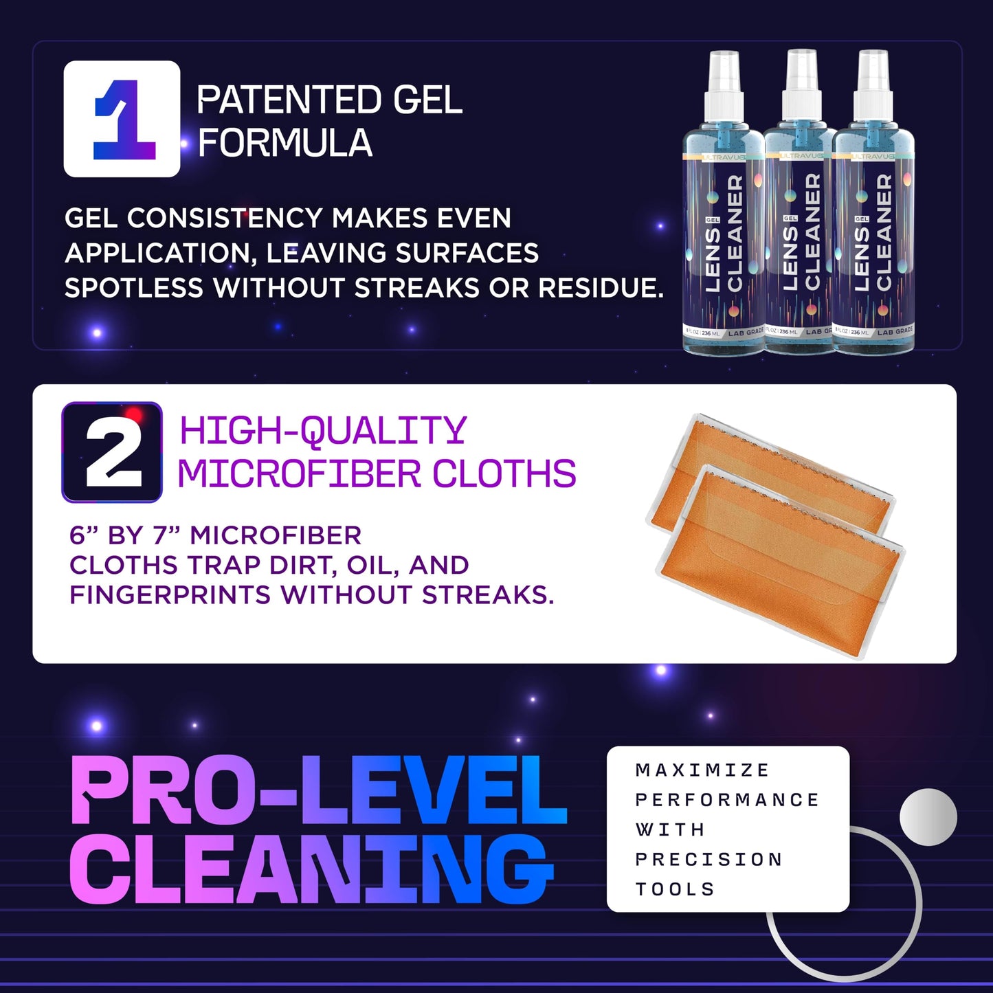 ULTRAVUE Eyeglass Gel Lens Cleaner Spray Kit – 3 x 1oz Gel, 2 Microfiber Cloths, Safe for All Lenses (AR Coated)