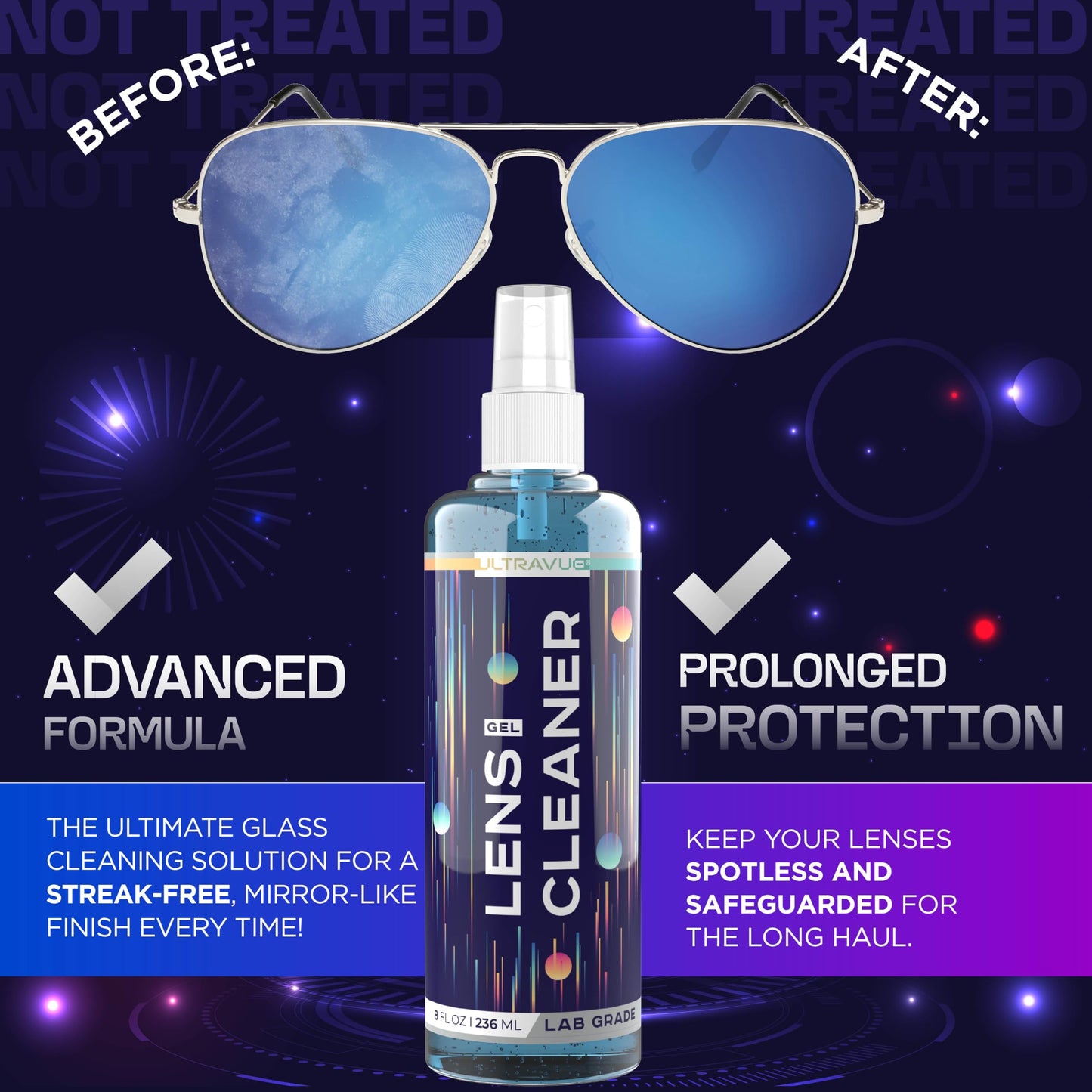 ULTRAVUE Eyeglass Gel Lens Cleaner Spray Kit – 3 x 1oz Gel, 2 Microfiber Cloths, Safe for All Lenses (AR Coated)
