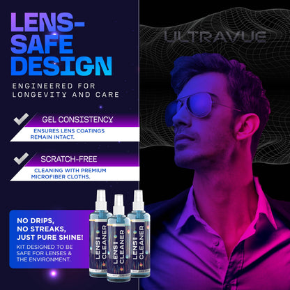 ULTRAVUE Eyeglass Gel Lens Cleaner Spray Kit – 3 x 1oz Gel, 2 Microfiber Cloths, Safe for All Lenses (AR Coated)