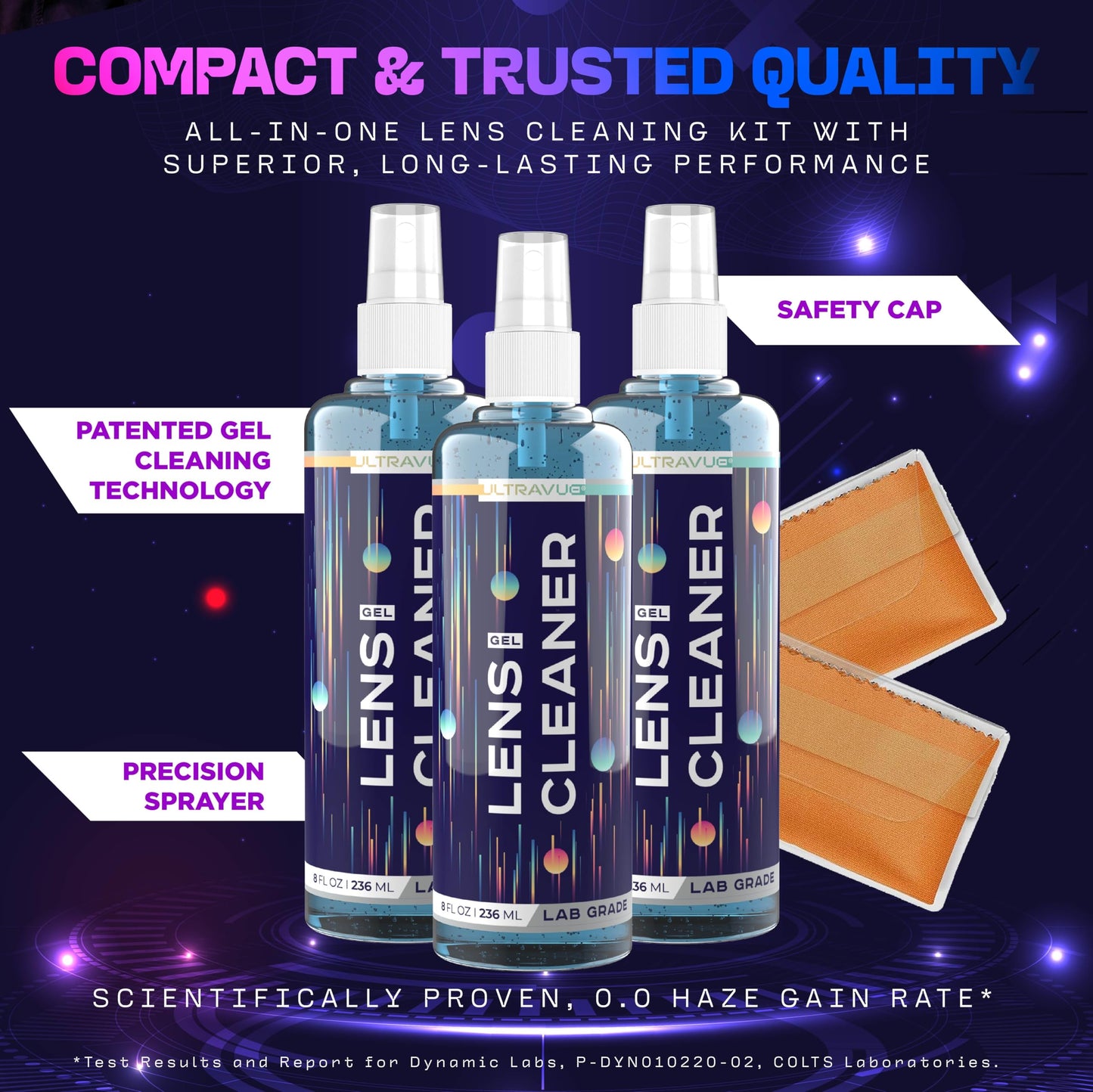 ULTRAVUE Eyeglass Gel Lens Cleaner Spray Kit – 3 x 1oz Gel, 2 Microfiber Cloths, Safe for All Lenses (AR Coated)