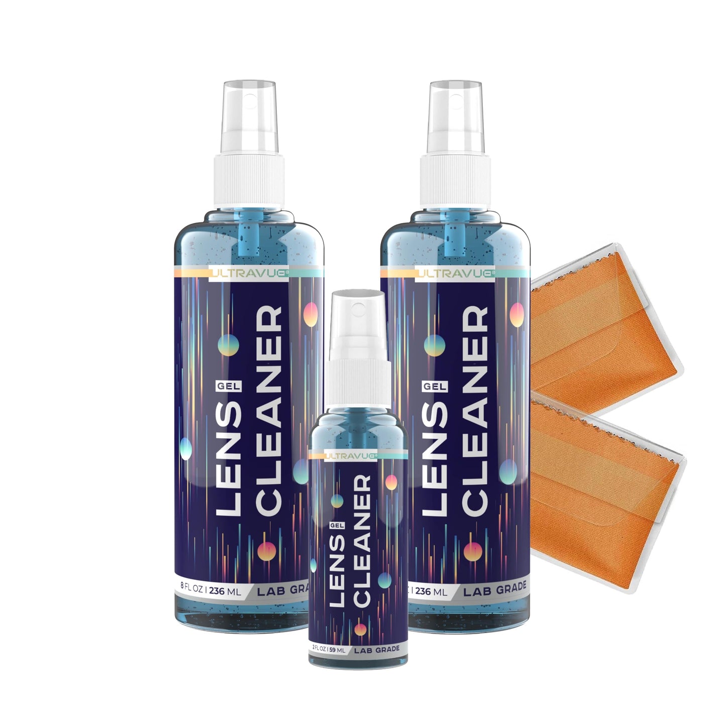 ULTRAVUE Gel Lens Cleaner Kit – 2x8oz + 1x2oz with 2 Microfiber Cloths | Safe for All Lenses (AR Coated Included)
