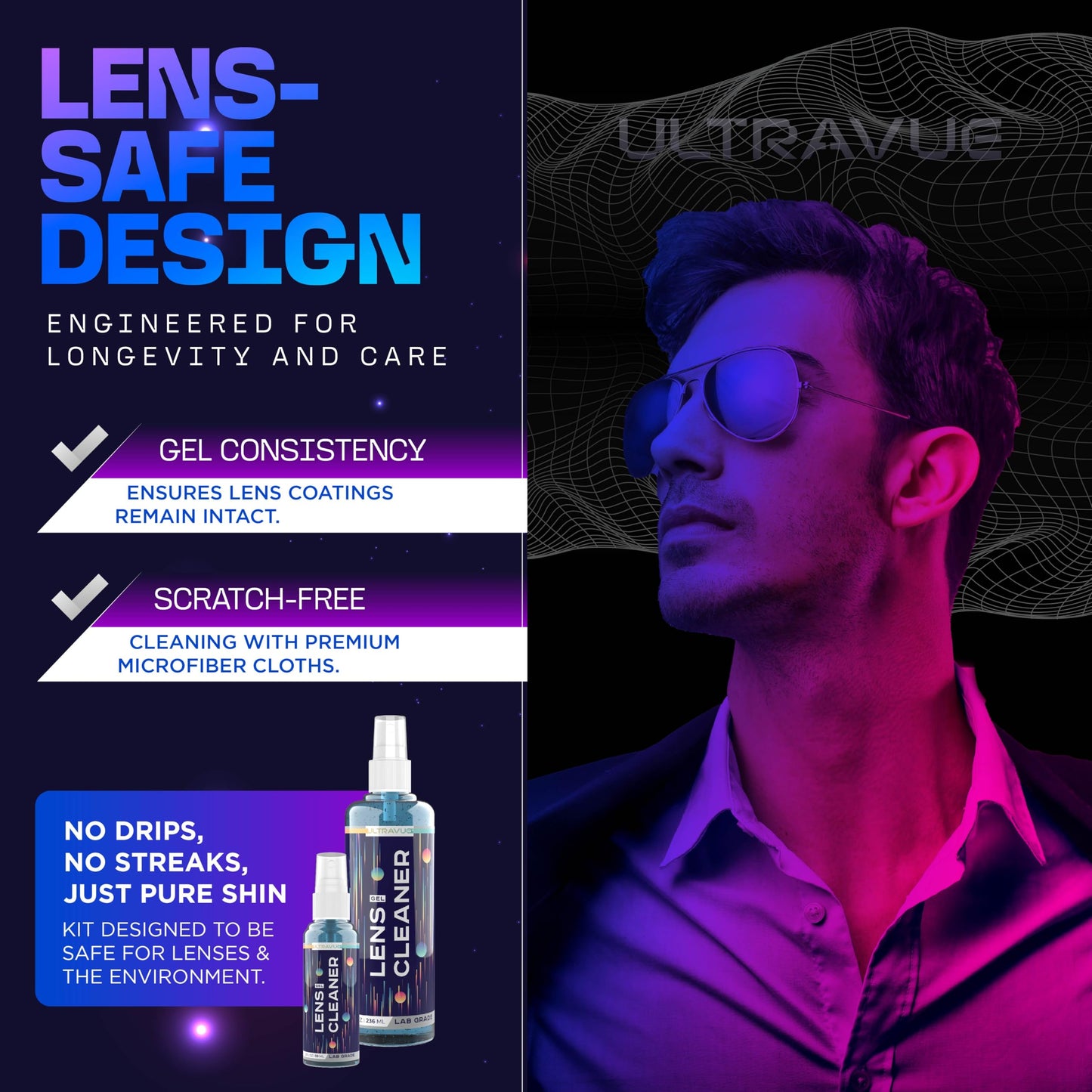 ULTRAVUE Gel Lens Cleaner Kit – 2x8oz + 1x2oz with 2 Microfiber Cloths | Safe for All Lenses (AR Coated Included)