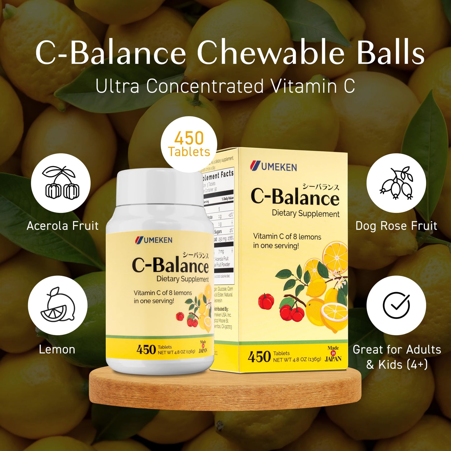 Umeken C-Balance Chewable Vitamin C – Acerola & Lemon, 136g (3 Months)