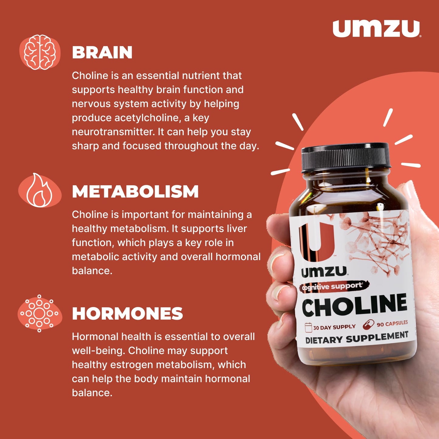 UMZU Choline Supplement | Cognitive & Hormonal Support | 30 Day Supply | 90 Capsules