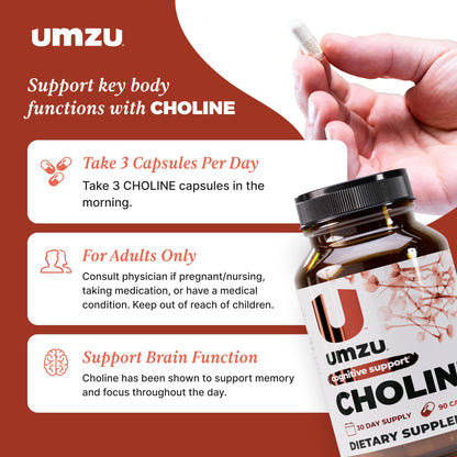 UMZU Choline Supplement | Cognitive & Hormonal Support | 30 Day Supply | 90 Capsules