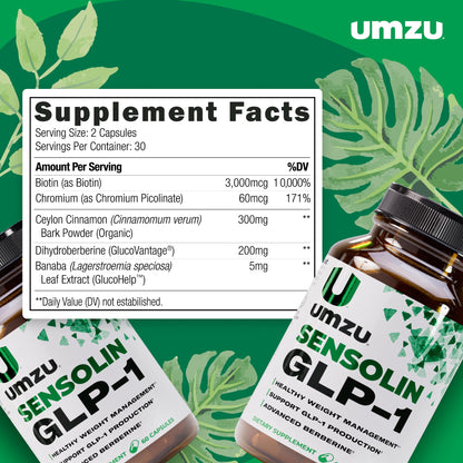 UMZU Sensolin GLP-1 Support Supplement – 30 Day Supply with Dihydroberberine, Cinnamon, Chromium & Biotin