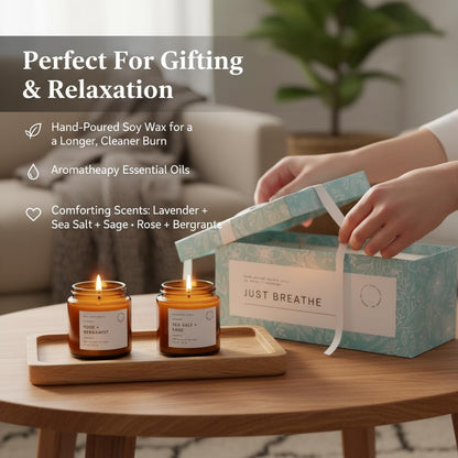 Unboxme Gifts 3-Pack Aromatherapy Scented Candles – Hand-Poured Soy Wax in Reusable Glass Jars | Just Breathe Set