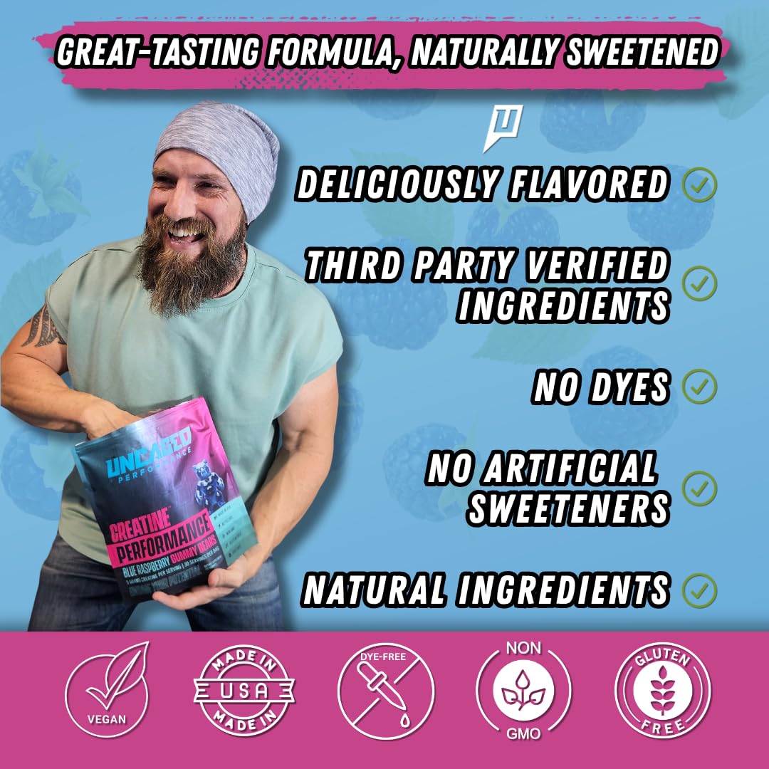 Uncaged Performance Creatine Monohydrate Gummies 5G – Blue Raspberry, 30 Servings | Max Strength, Fast Absorption