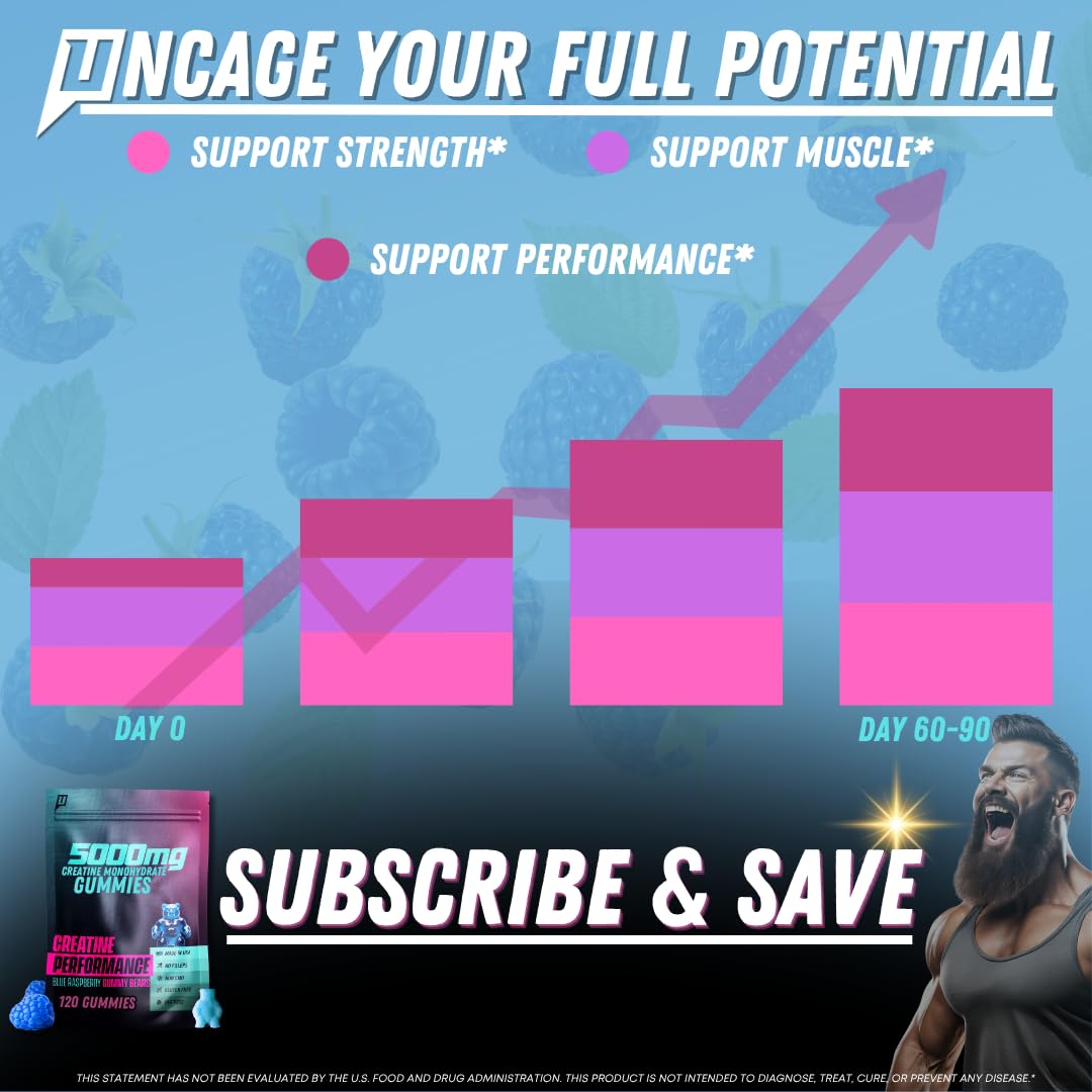Uncaged Performance Creatine Monohydrate Gummies 5G – Blue Raspberry, 30 Servings | Max Strength, Fast Absorption