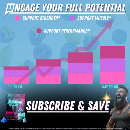 Uncaged Performance Creatine Monohydrate Gummies 5G – Blue Raspberry, 30 Servings | Max Strength, Fast Absorption