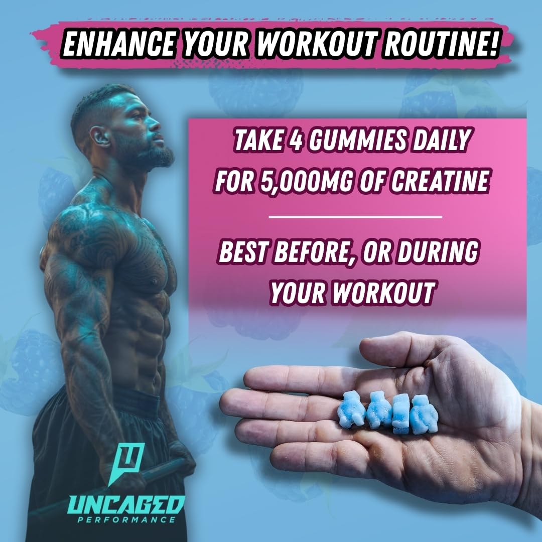 Uncaged Performance Creatine Monohydrate Gummies 5G – Blue Raspberry, 30 Servings | Max Strength, Fast Absorption