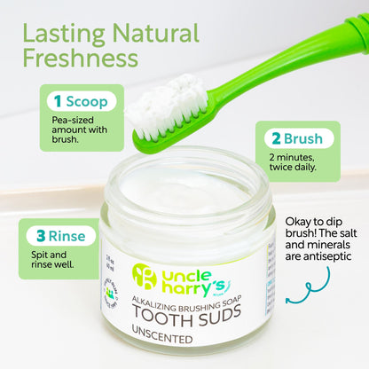 Uncle Harry's Non-Abrasive Unscented Brushing Soap Tooth Suds | Natural Remineralizing Toothpaste (Vegan, Fluoride-Free) 2 oz Pack of 2
