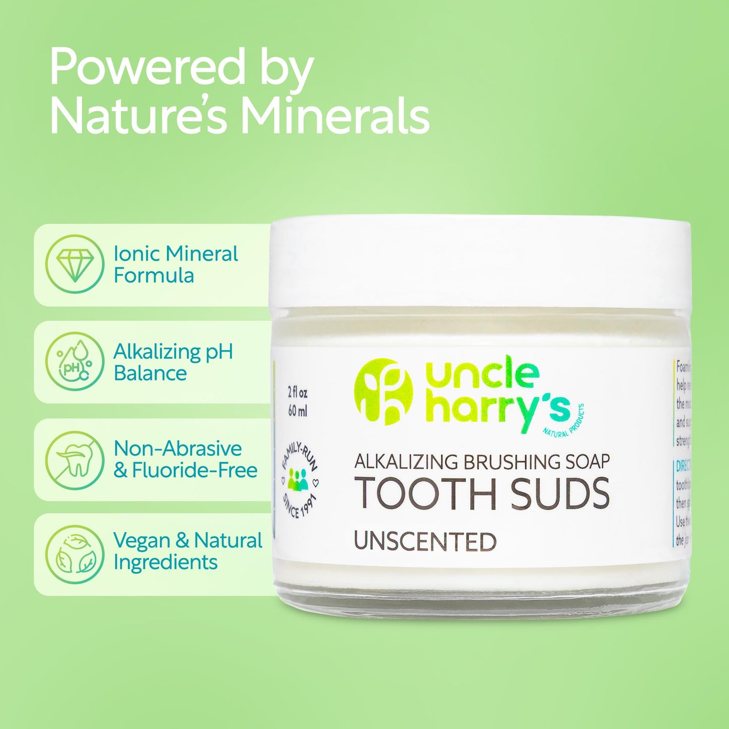 Uncle Harry's Non-Abrasive Unscented Brushing Soap Tooth Suds | Vegan Fluoride Free Toothpaste (2 oz)