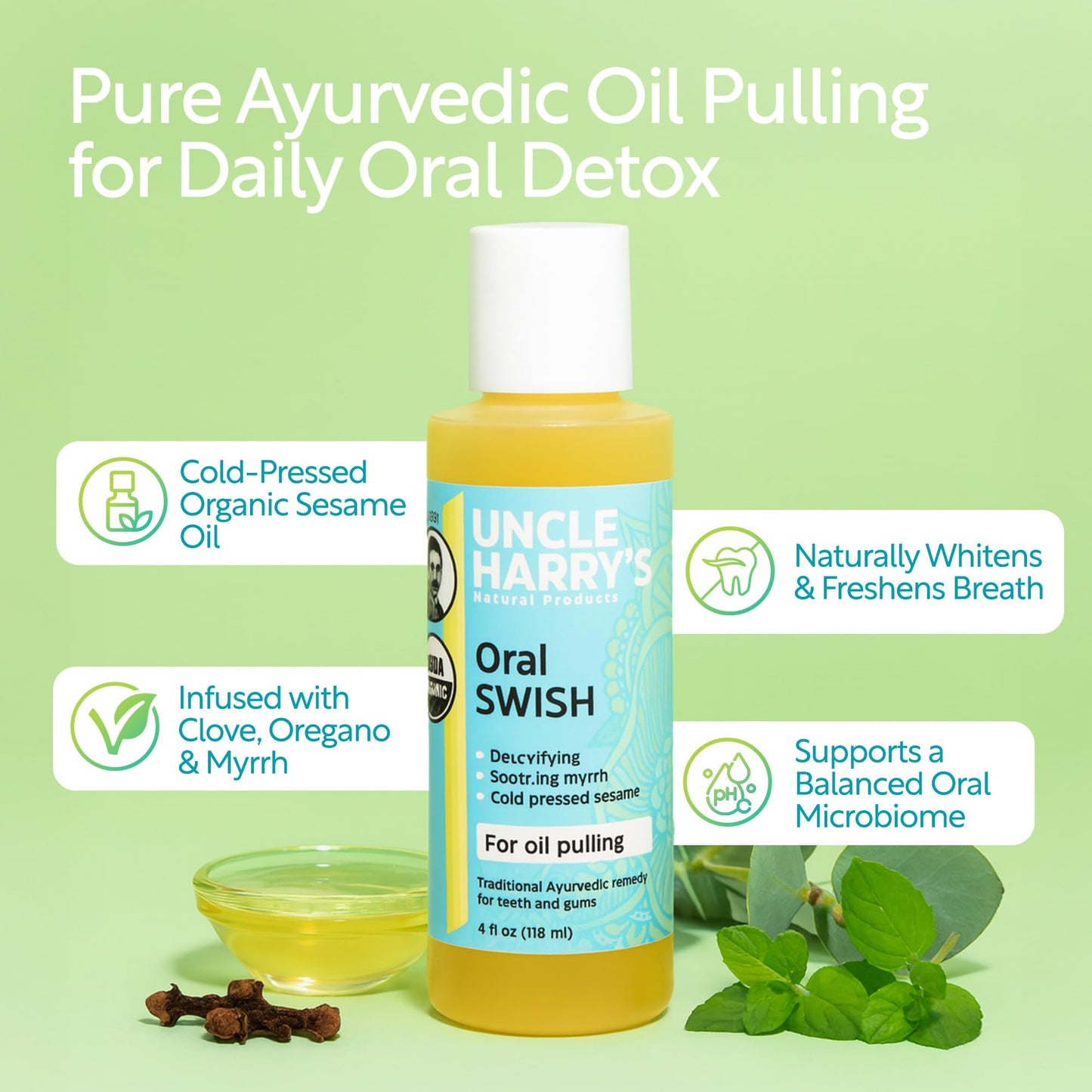 Uncle Harry's Certified Organic Oral Swish – Ayurvedic Sesame Oil Pulling (4 oz)