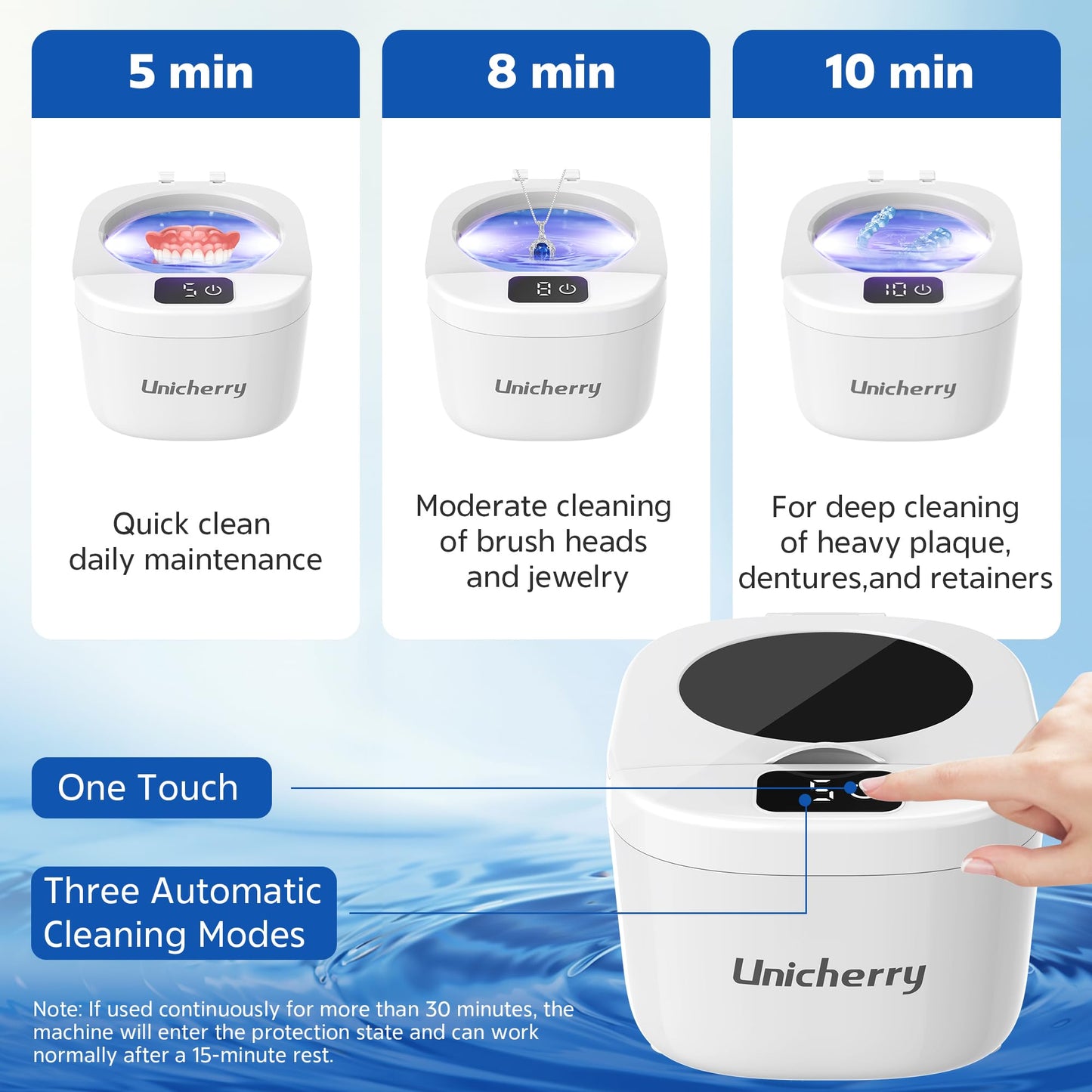 UNICHERRY Ultrasonic Retainer Cleaner – 45kHz for Dentures & Aligners