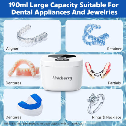 UNICHERRY Ultrasonic Retainer Cleaner – 45kHz for Dentures & Aligners