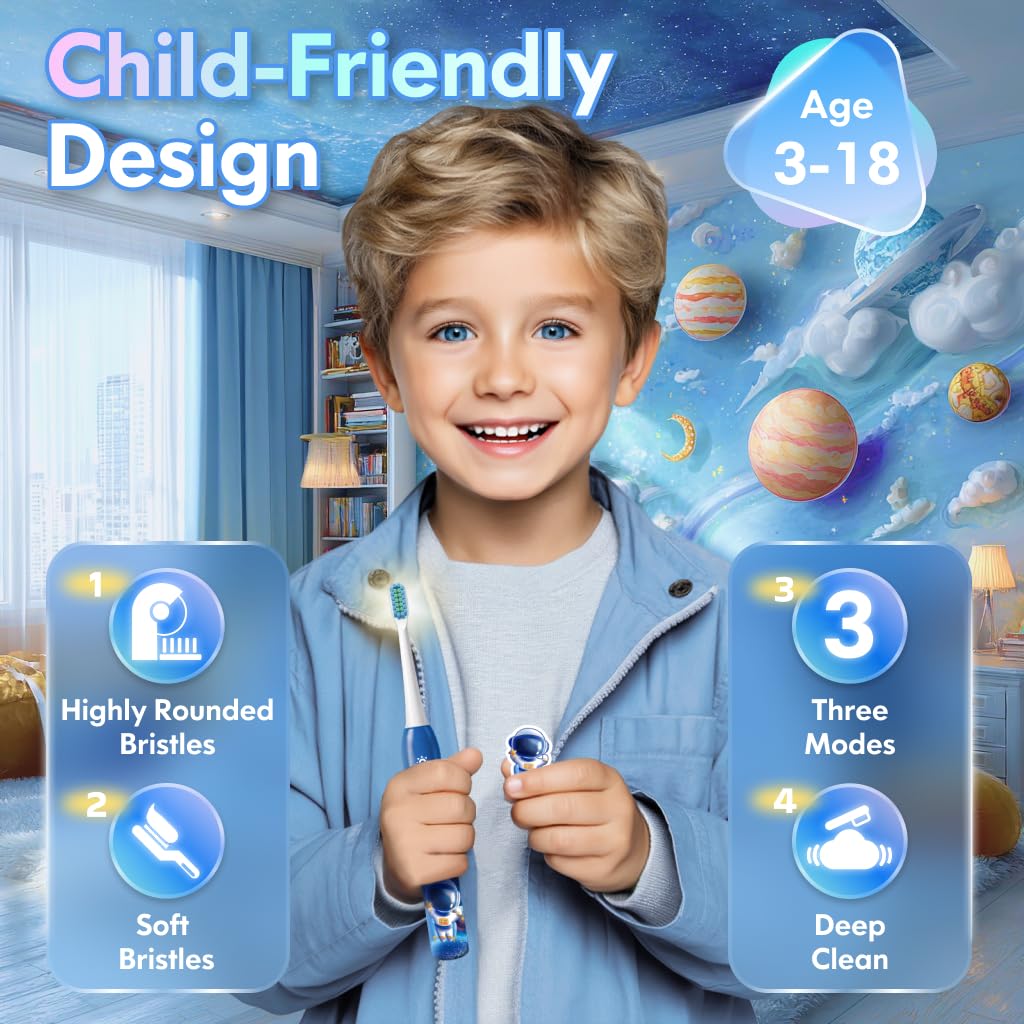 Kids Electric Toothbrush 3-12 Years – Rechargeable with Timer, 3 Modes, 4 Heads, Habit Stickers | Astronaut Blue