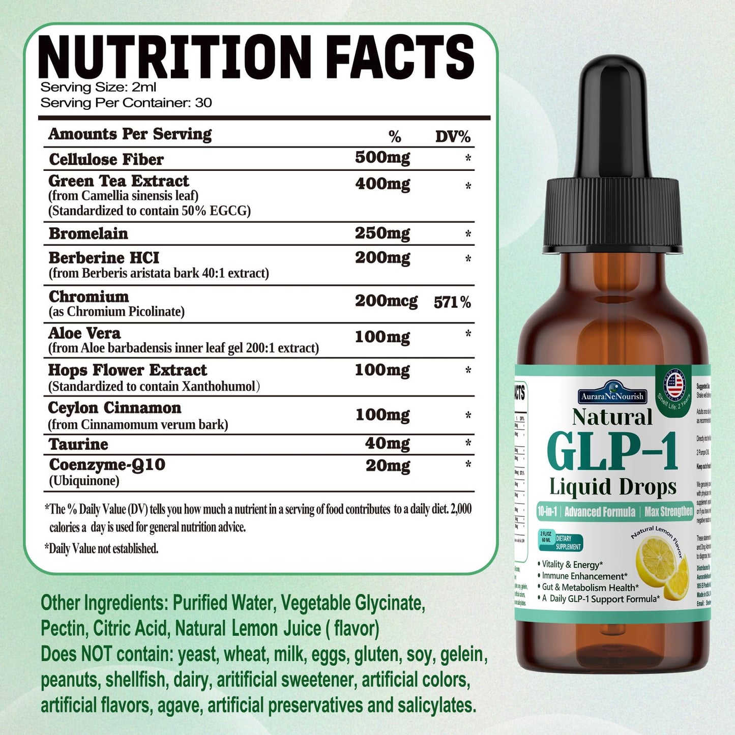 2 Pack GLP-1 Supplement Liquid Drops, 10-in-1 Formula with Berberine, Ceylon Cinnamon, Prebiotic Fiber & Green Tea Extract | Supports Healthy Metabolism, Digestive & Gut Health丨Vegan, Non-GMO