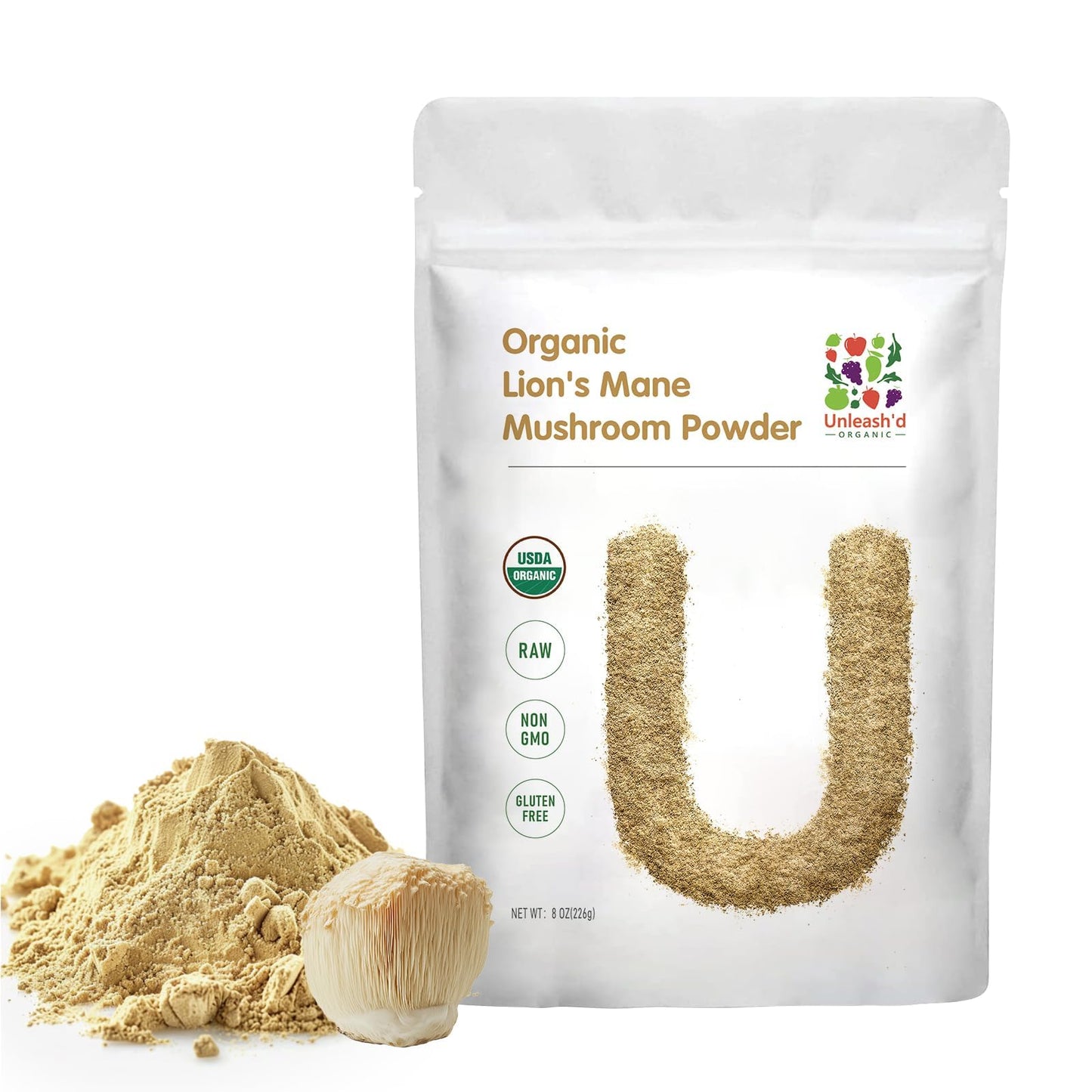 UNLEASH'D ORGANIC Lion's Mane Mushroom Powder 16 oz – Pure, Natural Antioxidant & Polysaccharide-Rich Superfood