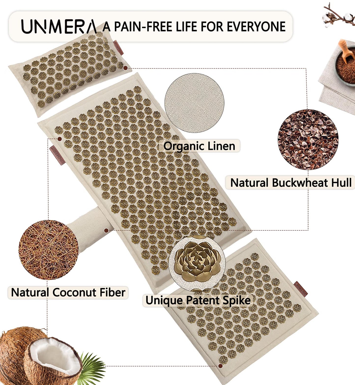 UNMERA Acupressure Mat & Pillow Set – Natural Linen & Coconut Fiber Filling