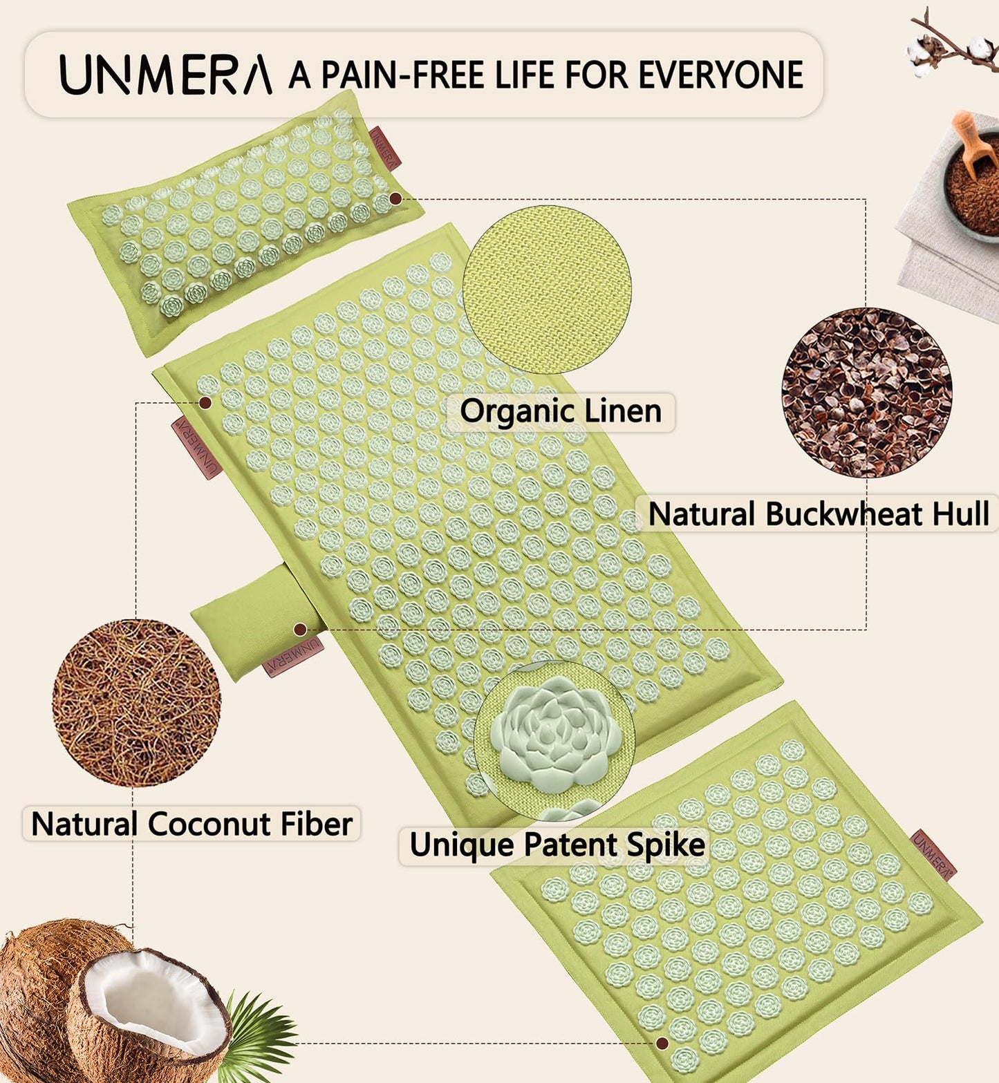 UNMERA Acupressure Mat & Pillow Set – Natural Linen & Coconut Fiber