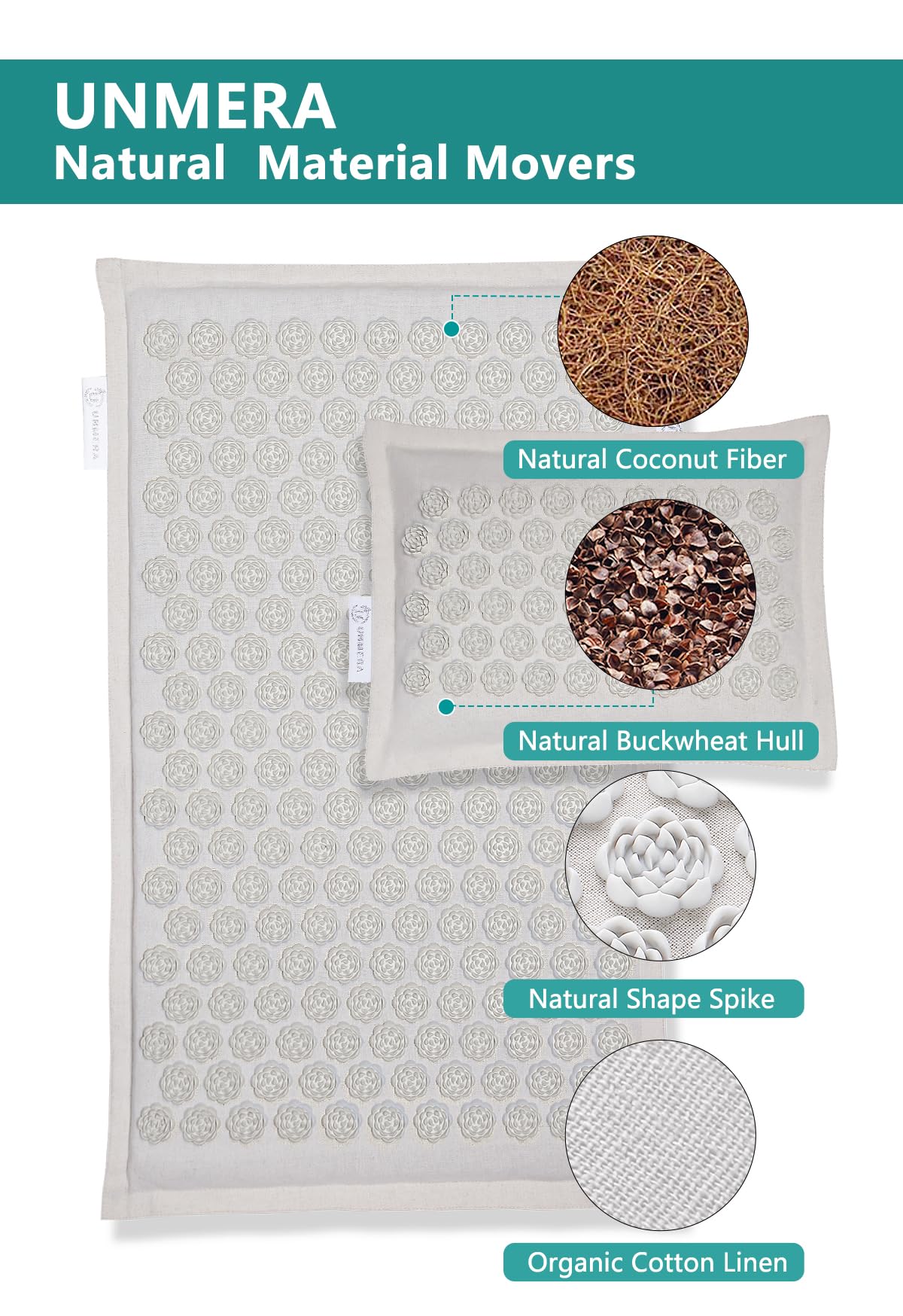 UNMERA Acupressure Mat & Pillow Set - Natural Linen & Coconut Fiber for Pain Relief