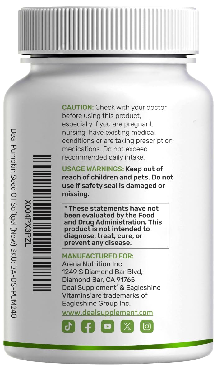 Pumpkin Seed Oil 3,000mg w Saw Palmetto – 240 Softgels | Prostate & Hair Support
