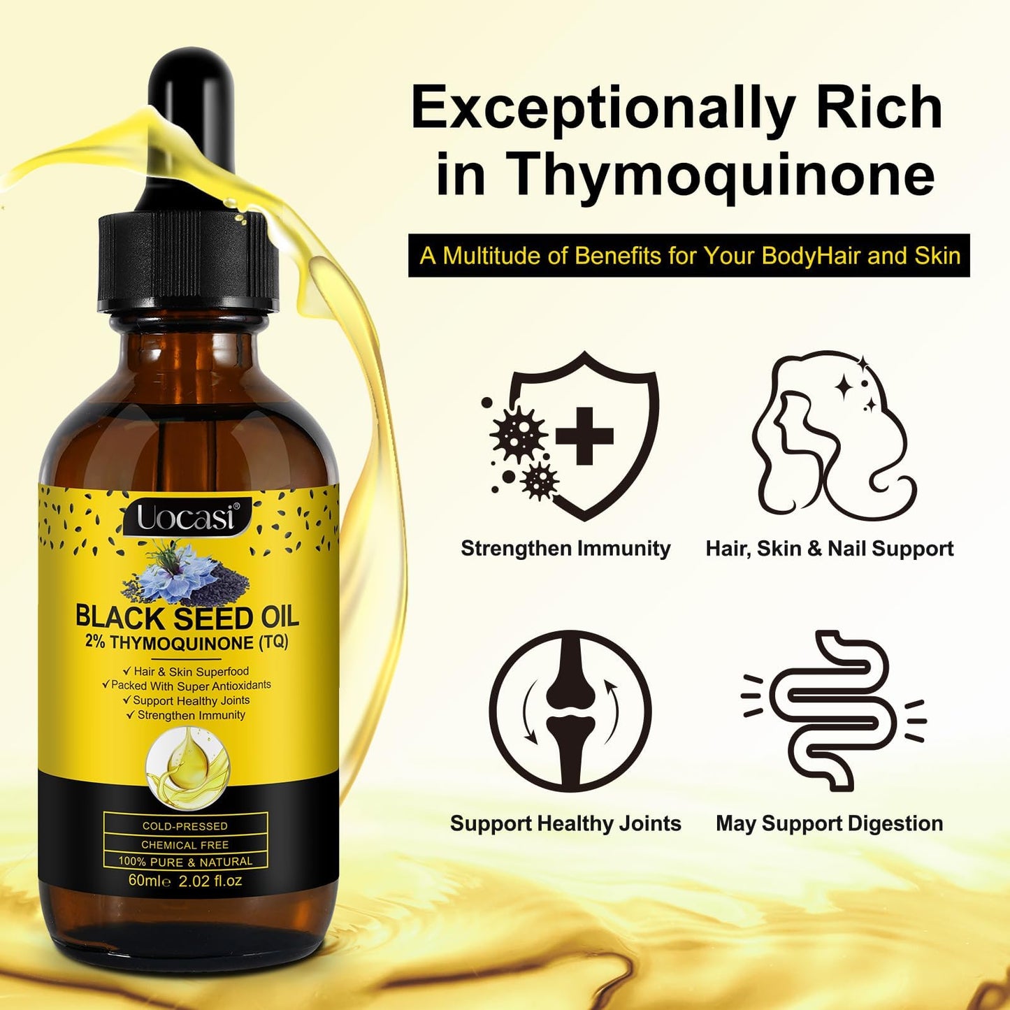 Uocasi Black Seed Oil – Cold Pressed, 100% Pure & Natural, Hair Growth & Skin Care, 2.02 Fl Oz