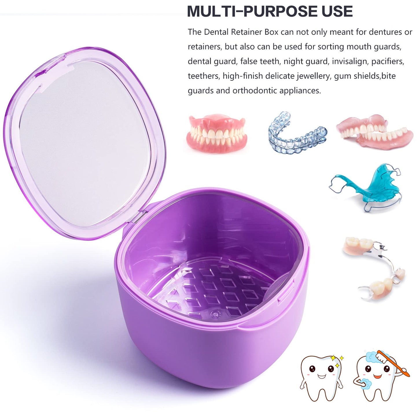 Uouovo Upgraded Denture Bath Box Cup – No-Leak Denture Case (Purple) | Retainer, Mouth Guard, Night Guard & Clear Braces Cleaner