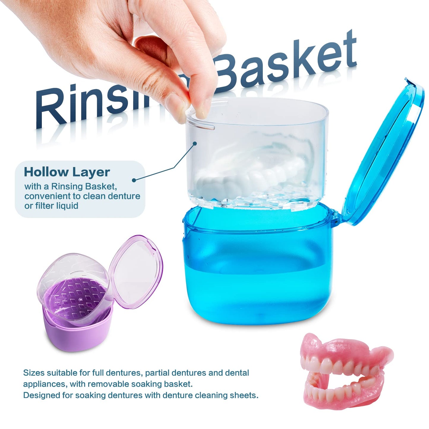 Uouovo Upgraded Denture Bath Box Cup – No-Leak Denture Case (Purple) | Retainer, Mouth Guard, Night Guard & Clear Braces Cleaner