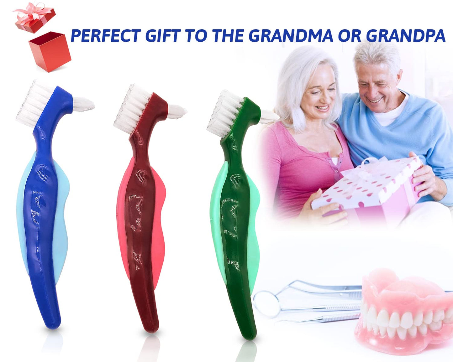Uouovo Premium Hard Denture Brush - Double-Sided, Multi-Layer Bristles (4 Pack)