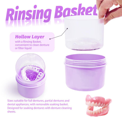 Uouovo Large Denture Case – No-Leak Travel Denture Cup (Purple)