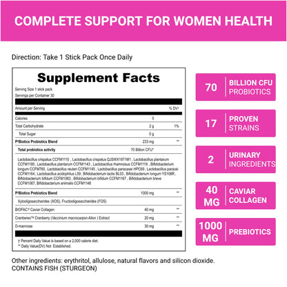 UpNourish Probiotics: Caviar Collagen with Prebiotics for Women | Digestive, Skin & Feminine Health (30 Fast-melt Packets)