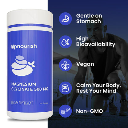 UpNourish Magnesium Glycinate Chelate 500mg Capsules – Highly Absorbable Magnesium for Sleep & Calm