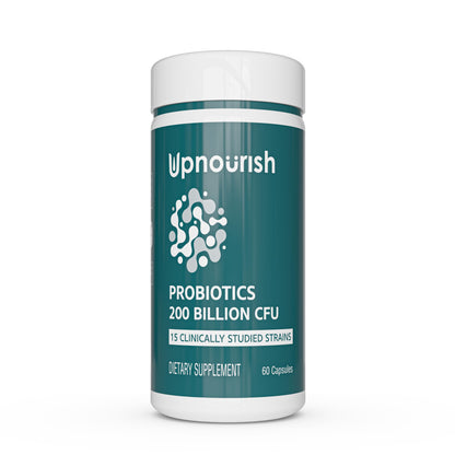 UpNourish Probiotics - 200 Billion CFUs for Men and Women, 15 Clinically Studied Strains, Prebiotics & Enzymes - 60 Vegan Capsules
