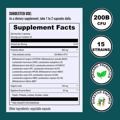 UpNourish Probiotics - 200 Billion CFUs for Men and Women, 15 Clinically Studied Strains, Prebiotics & Enzymes - 60 Vegan Capsules