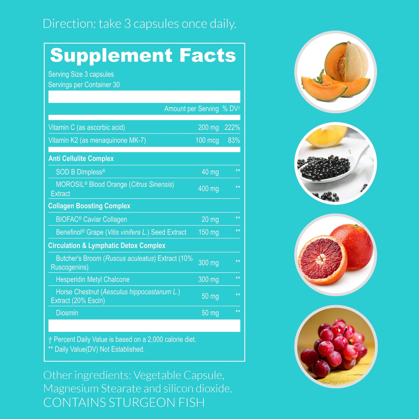 UpNourish Cellulite & Vein Health Supplement with Caviar Collagen, SOD DIMPLESS, MOROSIL | 90ct
