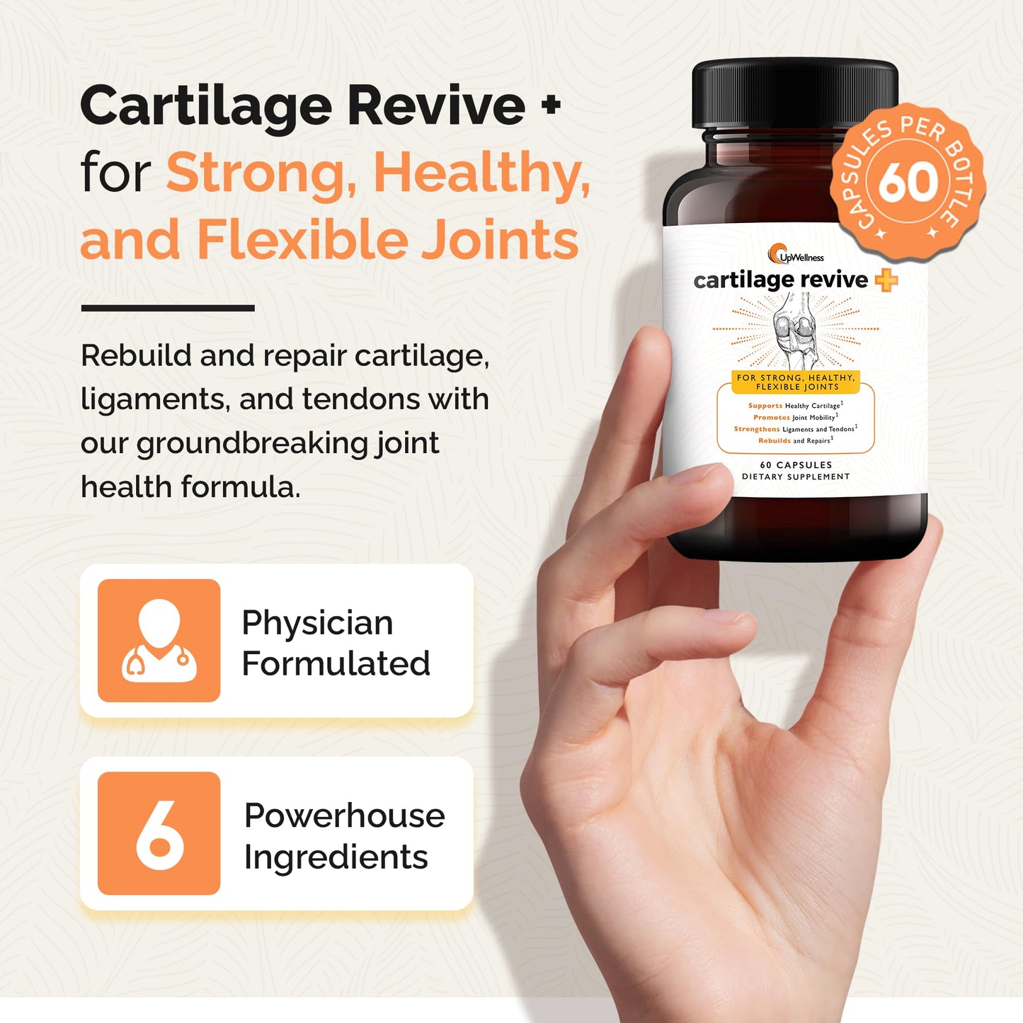 UpWellness Cartilage Revive + Joint Support – Type II Collagen, Glucosamine, MSM, Vitamin D3 & C – 60 Capsules
