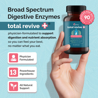UpWellness Total Revive+ Digestive Enzymes | Broad-Spectrum Digestive Health | 90 Capsules