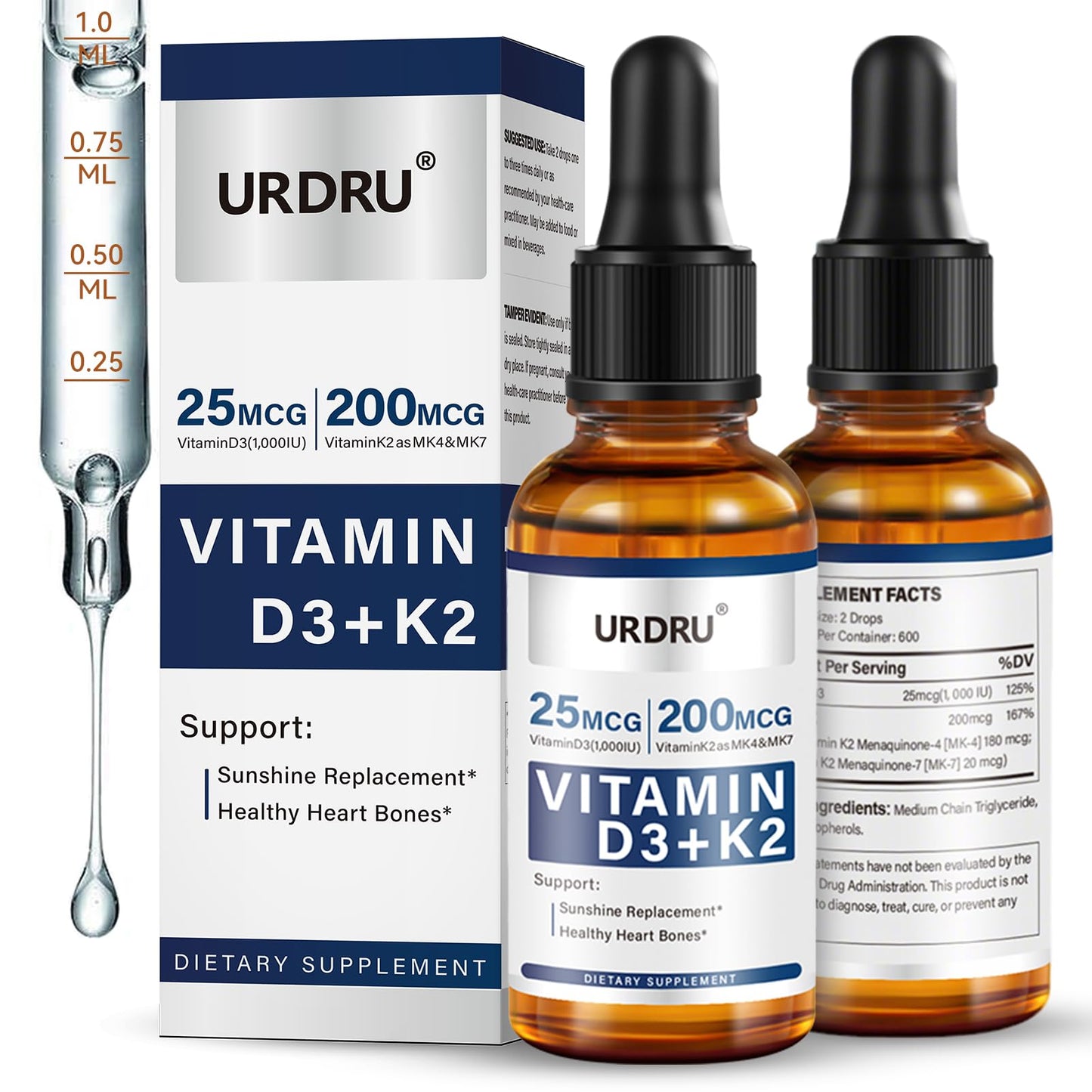 URDRU (2 Pack) Vitamin D3 K2 Liquid Drops – 2 Fl Oz | 1,000 IU D3 & 200 mcg K2 for Immune & Bone Health