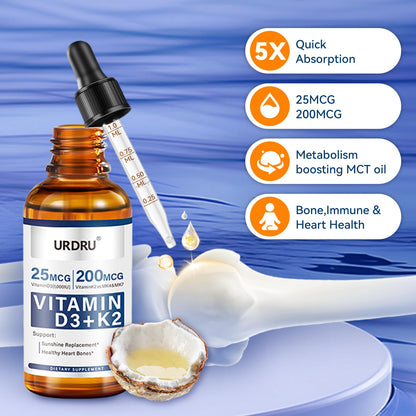 URDRU (2 Pack) Vitamin D3 K2 Liquid Drops – 2 Fl Oz | 1,000 IU D3 & 200 mcg K2 for Immune & Bone Health