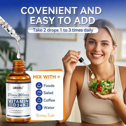 URDRU (2 Pack) Vitamin D3 K2 Liquid Drops – 2 Fl Oz | 1,000 IU D3 & 200 mcg K2 for Immune & Bone Health